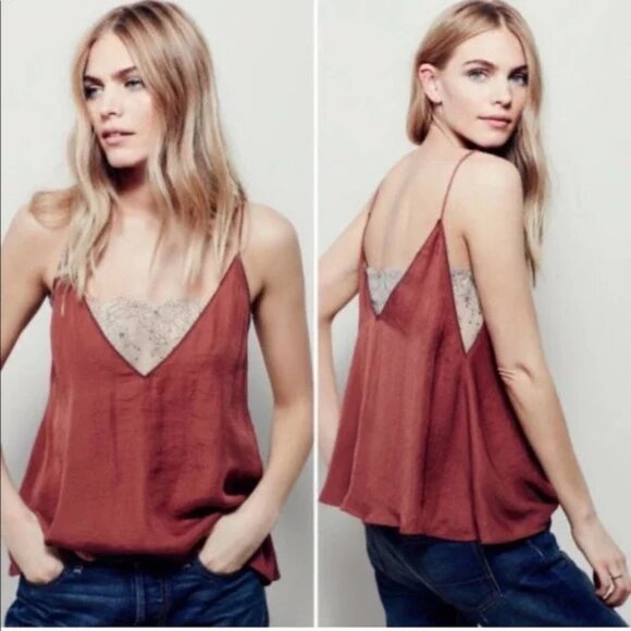 Free People Satin Silky Cami Tank Top with Lace Bandeau Layer Rust Orange Large - Picture 1 of 8